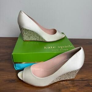 Kate Spade Radiant Wedges Satin Silver/Light Gold Glitter Heels Size 7.5